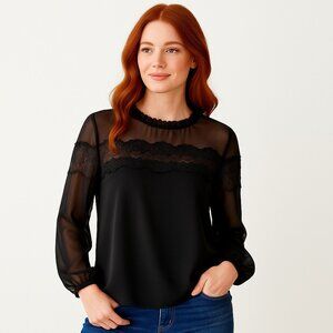 ZARA Trafaluc Black Lace Sheer Blouse Long Sleeve Sz M – Romantic & Chic